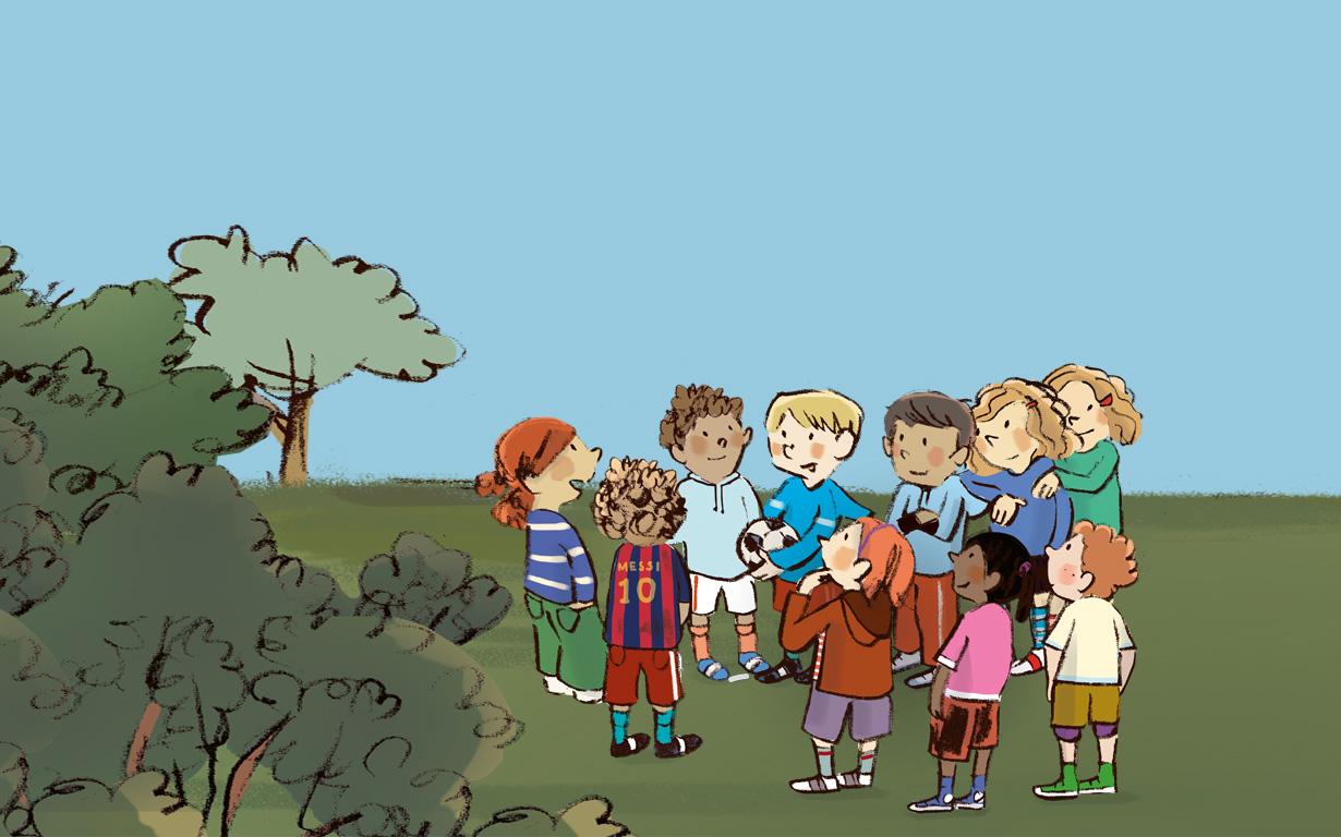 Kinder aus dem Buch „Wir Kinder vom Bolzi“ auf grünem Rasen vor blauem Hintergrund