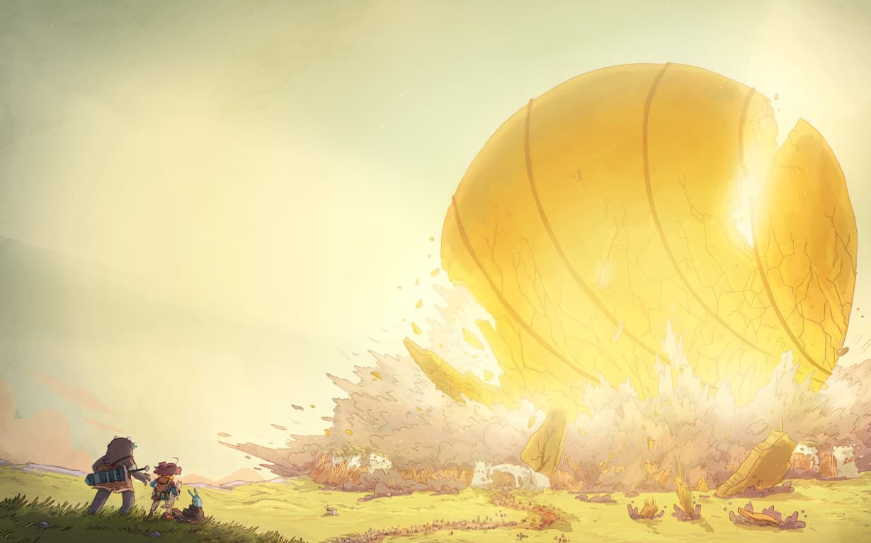 Helden von Lightfall mit gigantischem Ball, der vor ihnen in die Erde aufschlägt