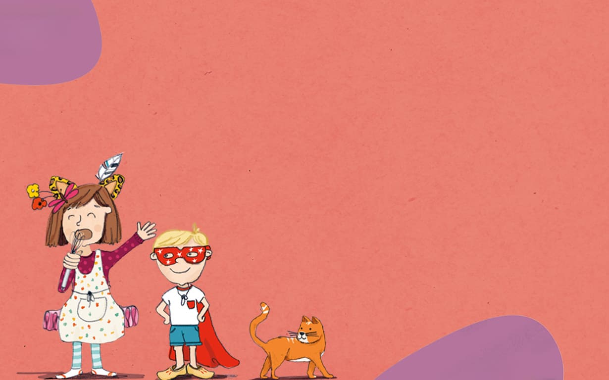 Zwei verkleidete Kinder und eine Katze aus dem Buch: "Ich mag nur Nudeln ohne Soße"