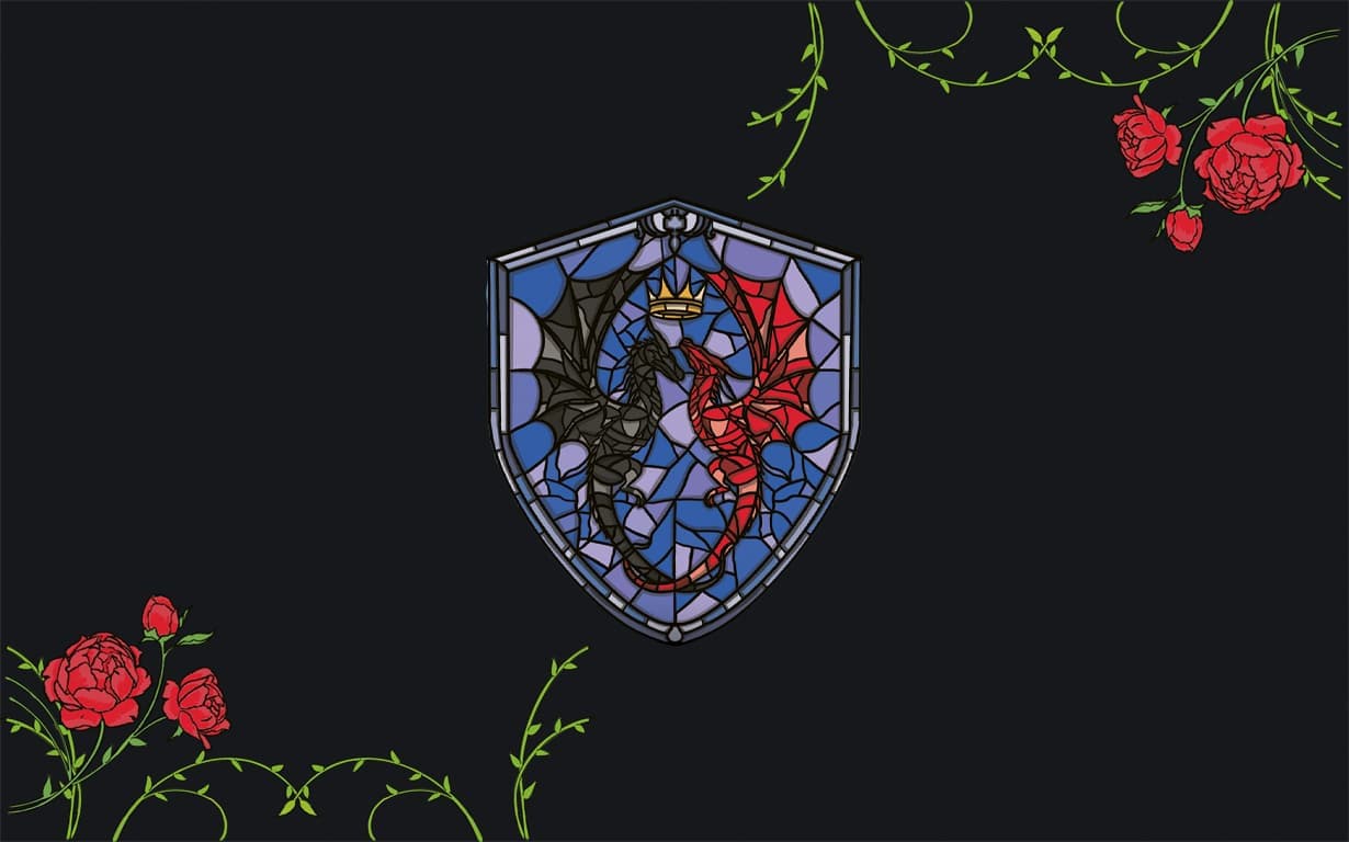 Ein Emblem mit zwei Drachen - einem roten und einem schwarzen in Mosaikoptik umringt von Rosen