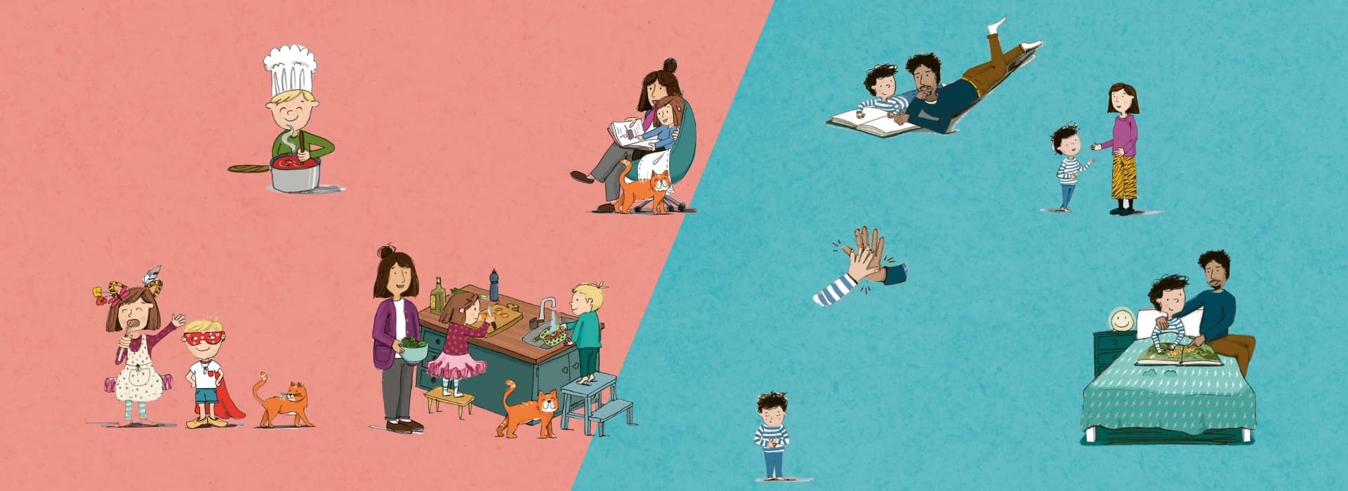 Bannerbild zur Buchreihe Familienreihe. Bilder von Familienmitgliedern aus den Büchern bei verschiedenen Tätigkeiten