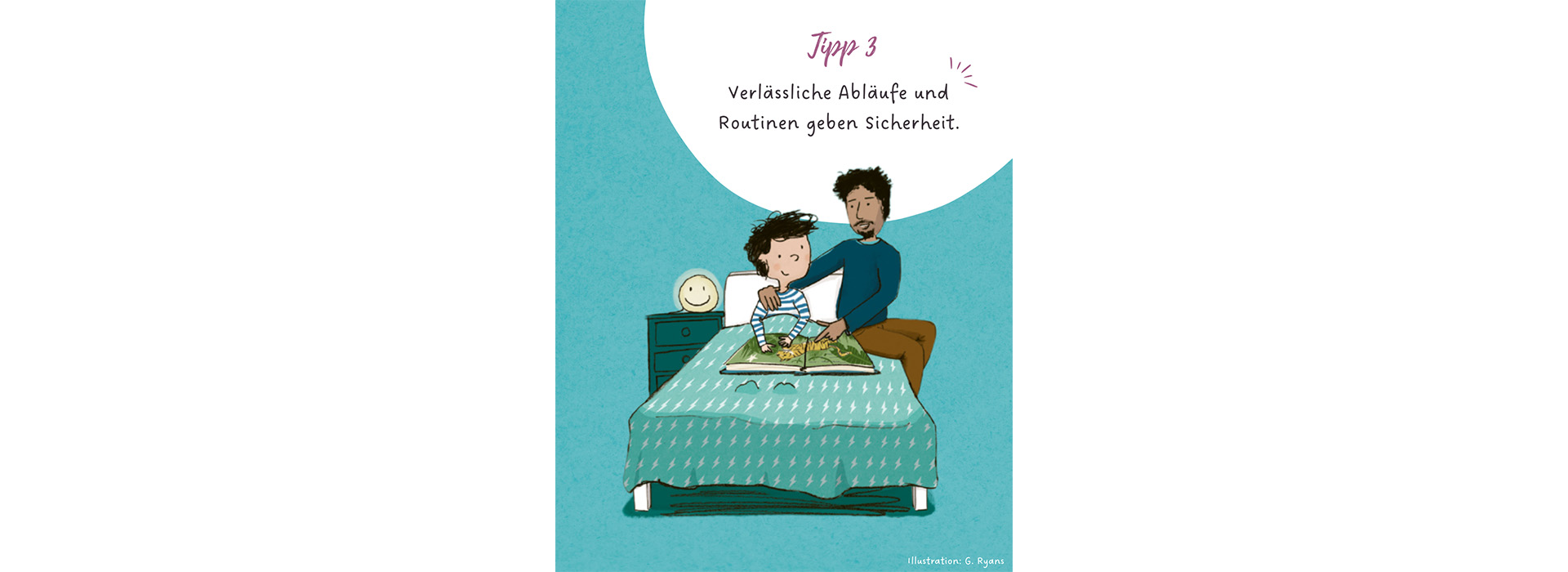 Vater liest Kind im Bett aus Bilderbuch vor