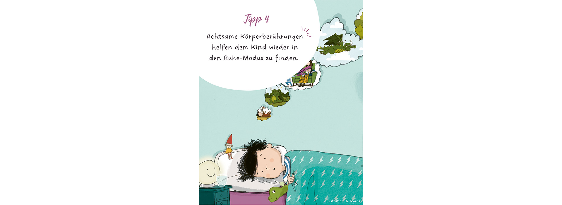 Kind liegt im Bett und verarbeitet gedanklich den Tag