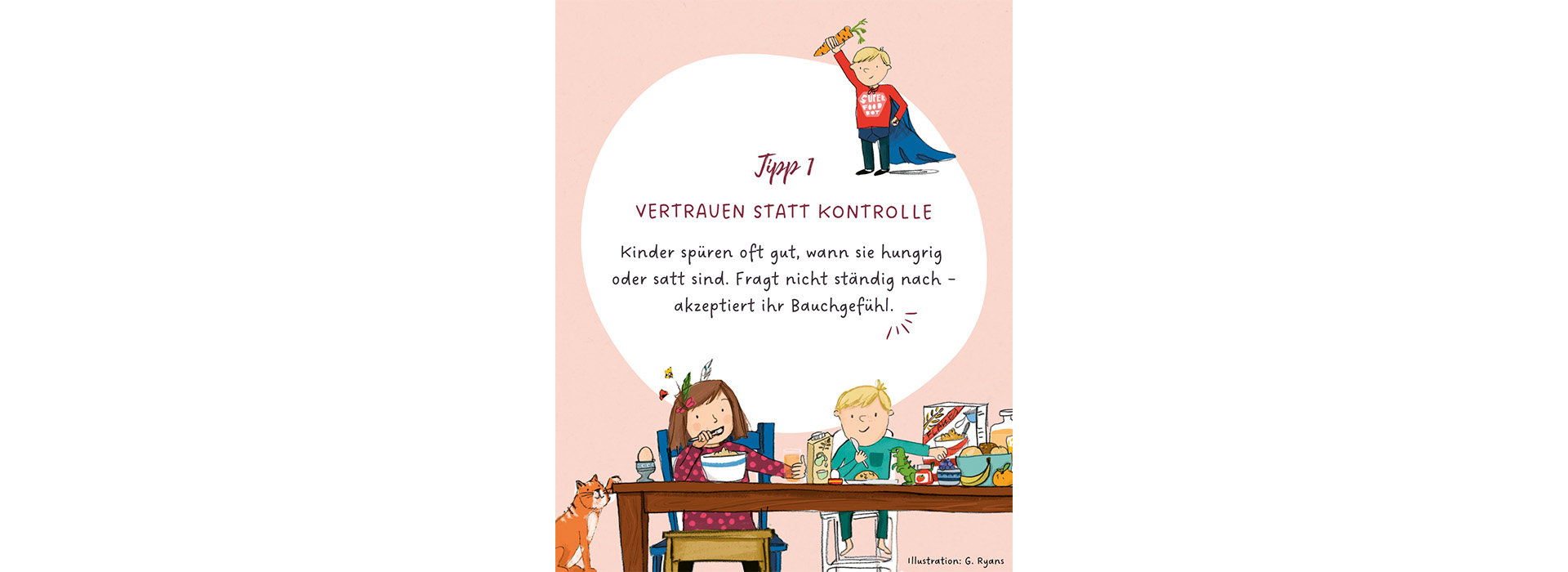 Kinder am Esstisch mit verschiedenen Lebensmitteln