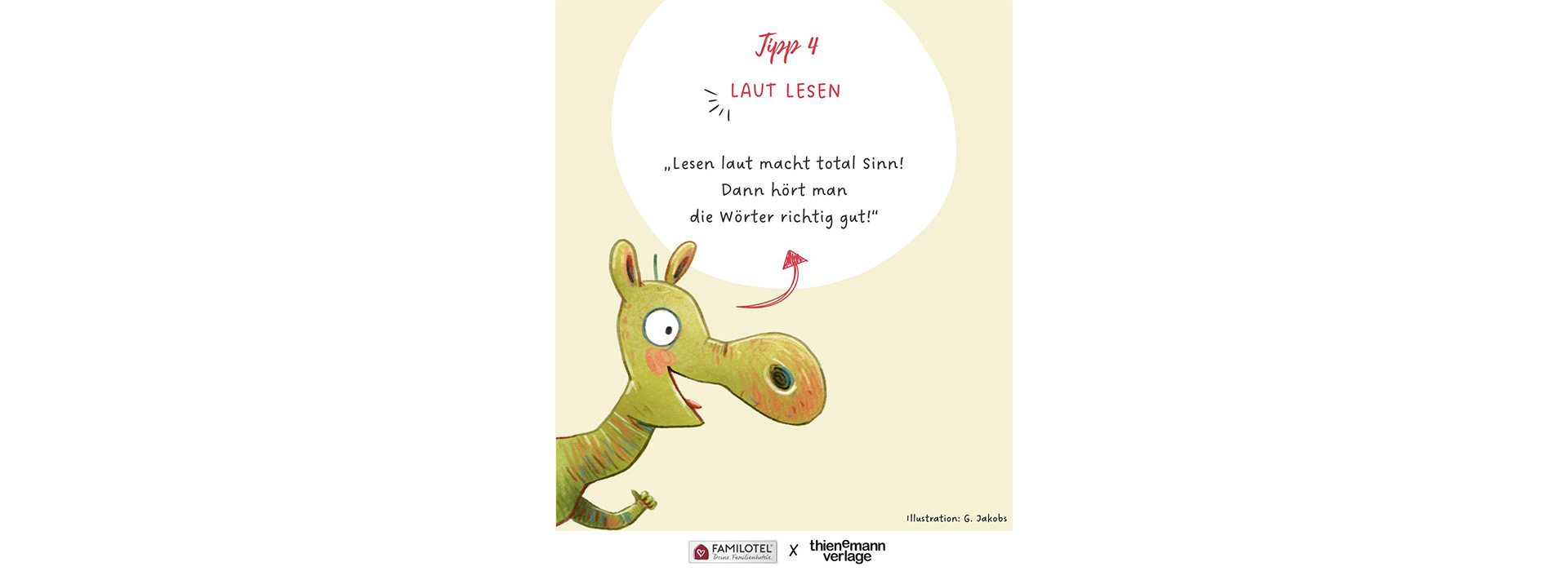 Urmel unter Textblase: Tipp 4 Laut lesen „Lesen laut macht total Sinn! Dann hört man die Wörter richtig gut!“