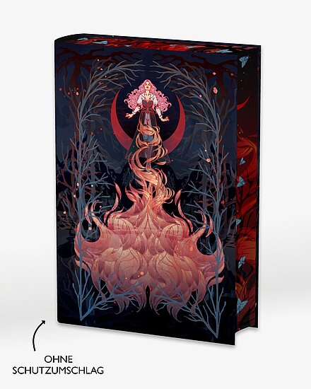 Das Buchcover zeigt ... eine stehende Frau mit langen rosa Haaren, die in flammenhafte Formen übergeht, vor einem roten Halbmond und dunklen Blättern.
