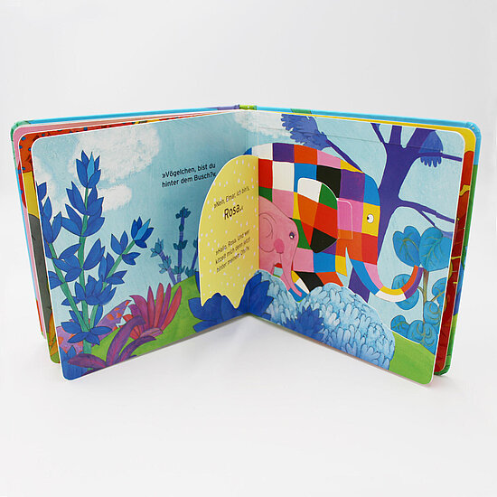 Das Buchcover zeigt … einen bunt karierten Elefanten und ein rosa Gesicht, umgeben von blaugrünen Pflanzen, lila Baum und hellblauem Himmel.