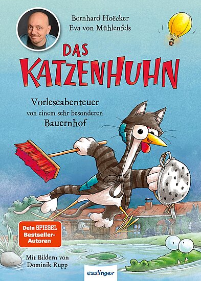 Das Buchcover zeigt ein gestreiftes Katzenhuhn mit rotem Besen und Sieb vor hellblauem Himmel, gelbem Ballon und Teich mit grünem Krokodil.