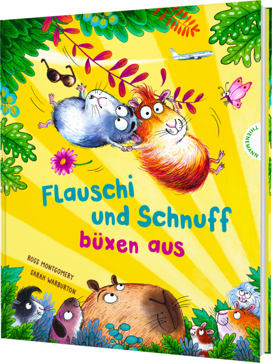 Das Buchcover zeigt zwei fröhliche Meerschweinchen, eines graufällig, das andere orange, die schwebend zwischen bunten Blumen und fröhlichen Farben dargestellt sind. Der Hintergrund ist hellgelb mit grünen Blättern und niedlichen Tieren.