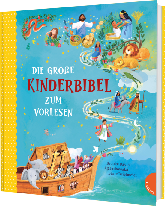 Das Buchcover zeigt eine bunte, fantasievolle Illustration mit biblischen Szenen, darunter Tiere, Menschen und eine Arche, umgeben von strahlendem Himmel. Der Titel „Die große Kinderbibel zum Vorlesen“ ist prominent in roter Schrift platziert.