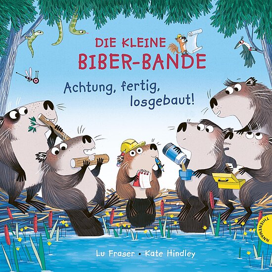 Das Buchcover zeigt eine fröhliche Gruppe von sechs Bibern, die mit verschiedenen Werkzeugen beschäftigt sind. Die Farben sind lebhaft und die Szene spielt in einer bunten, naturbelassenen Umgebung.