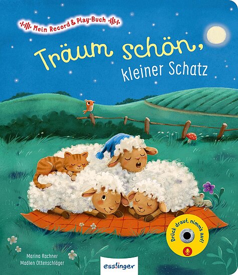 Das Buchcover zeigt eine friedliche nächtliche Szene mit drei Schafen, die auf einer Decke liegen, während ein viertes Schaf darauf schläft. Der Himmel ist blau mit einem großen Mond und sanften Hügeln im Hintergrund.
