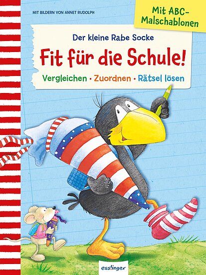 Das Buchcover zeigt den kleinen Raben Socke mit bunten, gestreiften Socken und einem fröhlichen Gesicht. Dazu steht eine Maus, beide vor einem blauen Hintergrund.