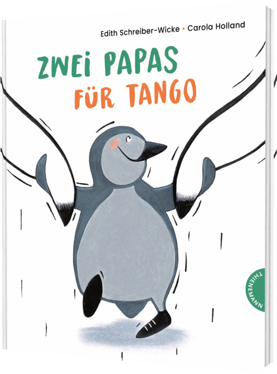 Das Buchcover zeigt einen niedlichen, grauen Pinguin mit einem schwarzen Kopf und Flügeln, der fröhlich an zwei Seilen schwingt. Über ihm steht der Titel „Zwei Papas für Tango“ in leuchtendem Orange und Grün.