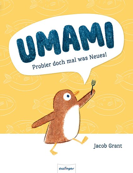 Das Buchcover zeigt einen kleinen, braunen Vogel mit weißem Bauch, der eine Gabel hält. Der Hintergrund ist in einem sanften Gelbton gehalten.