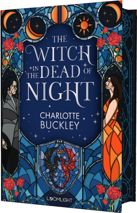 Das Buchcover zeigt … zwei Profilfiguren vor blauem Glasfenster, eine in Grau, eine in orange, umgeben von roten Rosen, Monden, Sonne und 2 Drachen.