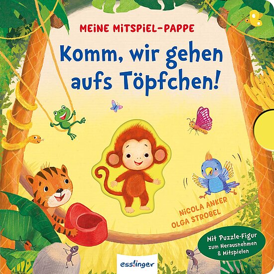 Das Buchcover zeigt einen bunten Dschungel mit einem freundlichen Affen, einer Tigermusterkatze, einem grünen Frosch und bunten Insekten. Im Vordergrund steht ein rotes Töpfchen und der Titel ist in blauen Buchstaben geschrieben.
