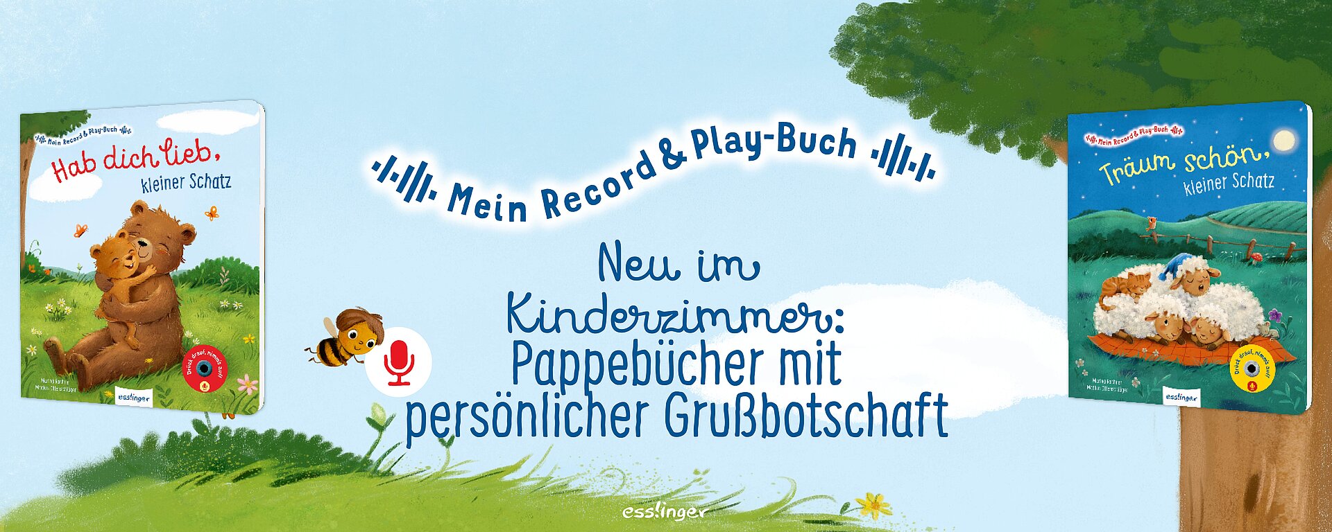 Gezeichnetes Bild mit grüner Wiese und Baum, zwei Record&Play-Pappbücher im Vordergrund