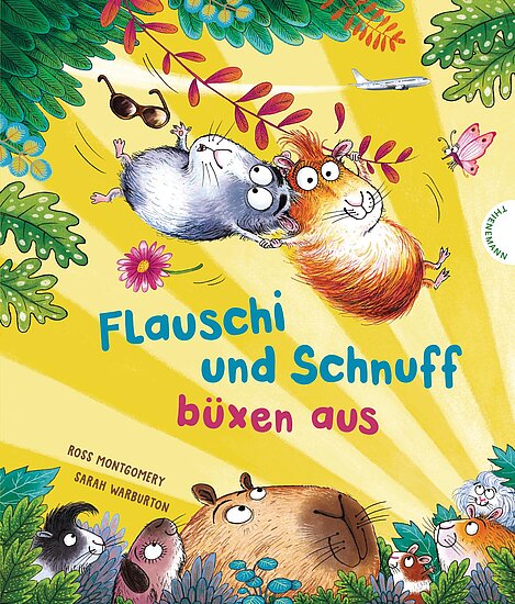 Das Buchcover zeigt zwei fröhliche Meerschweinchen, eines grau und das andere orange, die in einer lebhaften, bunten Umgebung mit grünen Blättern und Blumen schweben. Der Hintergrund ist in leuchtenden Gelbtönen gehalten und zeigt eine sonnige Atmosphäre.