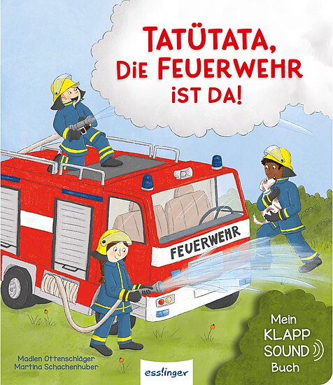 Das Buchcover zeigt ein rotes Feuerwehrauto vor blauem Himmel, drei Kinder als Feuerwehrleute in blauen Jacken mit gelben Helmen, die Wasser spritzen.