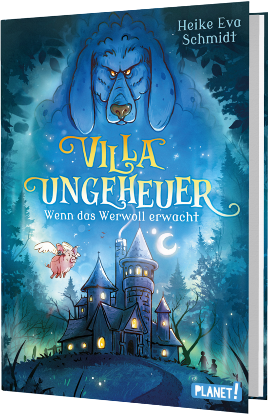 Das Buchcover zeigt eine spooky Villa unter einem nachtblauen Himmel. Ein großer Hund mit leuchtenden Augen blickt von oben herab, während ein kleines fliegendes Wesen und zwei Figuren im Vordergrund stehen.