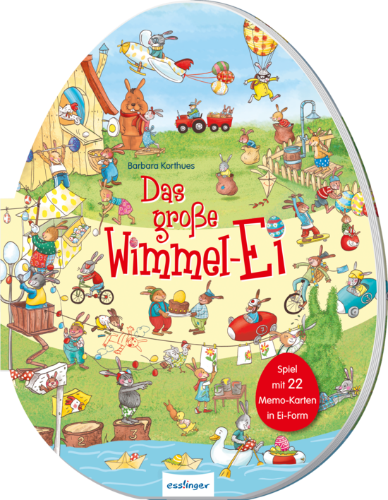 Das Buchcover zeigt ein buntes Wimmelbild in Ei-Form mit fröhlichen Tieren, die verschiedene Aktivitäten im Freien ausüben, darunter ein Hase mit Luftballons und ein Maus-Pärchen in einem roten Auto. Lebhafte Farben und zahlreiche Details laden zum Entdecken ein.