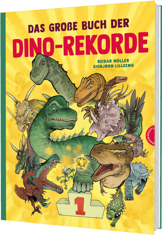 Das Buchcover zeigt eine bunte Ansammlung von verschiedenen Dinosauriern vor einem gelben Hintergrund, die um einen Pokal gruppiert sind. Der Titel „Das große Buch der Dino-Rekorde“ ist in großen, roten Buchstaben oben platziert.