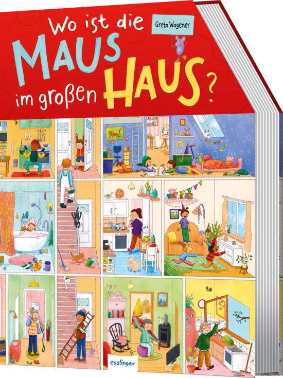 Das Buchcover zeigt ein buntes, illustriertes Haus mit verschiedenen Räumen, in denen Kinder und Tiere spielen und verschiedene Aktivitäten ausführen. Der Titel „Wo ist die Maus im großen Haus?“ steht in großen, roten Buchstaben oben auf dem Cover.