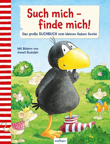 Das Buchcover zeigt den kleinen schwarzen Raben mit großem gelbem Schnabel und einer rotweiß gestreiften Socke auf grüner Wiese, umgeben von Mäusen.