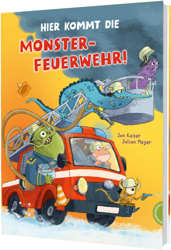 Das Buchcover zeigt ein rotes Feuerwehrfahrzeug, das von bunten, cartoonhaften Monstern bevölkert wird. Es gibt einen grünen, schrägen Charakter im Vordergrund sowie eine Wasserspritzanlage und ein Boot im Hintergrund.