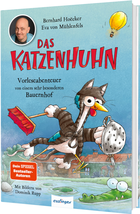 Das Buchcover zeigt ... ein Katzenhuhn in gestreiftem Pullover mit Besen und Metallsieb vor hellblauem Himmel, gelbem Ballon und grünem Krokodil.