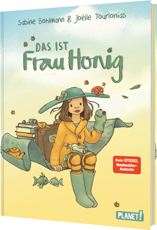 Das Buchcover zeigt eine fröhliche Frau mit einem grünen Hut, die in gelber Kleidung sitzt. Um sie herum sind kleine Fische und eine Krabbe sowie einige bienenähnliche Figuren.
