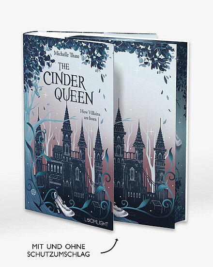 Das Buchcover zeigt … eine dunkle, gotische Burg vor rosa bis hellblauem Himmel, umrankt von türkisgrünen Ranken und einer einzelnen gläsernen Schuh.