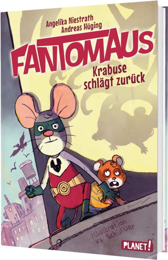 Das Buchcover zeigt die Maus Fantomaus in einem Superheldenkostüm mit rotem Umhang, während sie neben einem ängstlichen kleinen Braunbären steht. Im Hintergrund sind Schatten und eine Stadtlandschaft zu sehen, die in dunklen Farben gehalten sind.