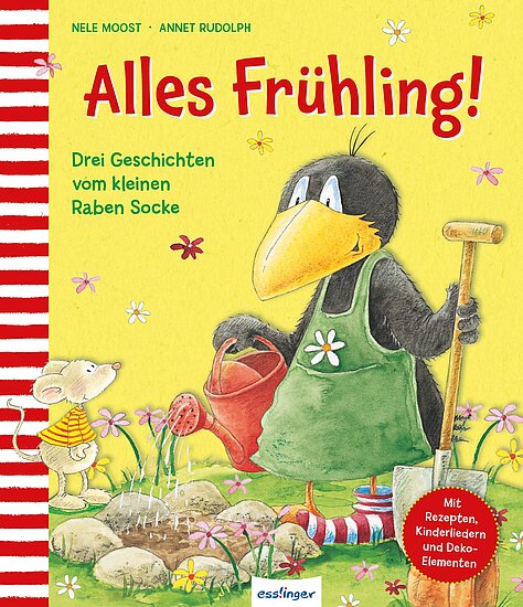 Das Buchcover zeigt den kleinen Raben Socke in einem grünen Shirt mit einer Gießkanne. Neben ihm steht eine kleine Maus auf einer bunten Wiese. Der Hintergrund ist hellgelb.