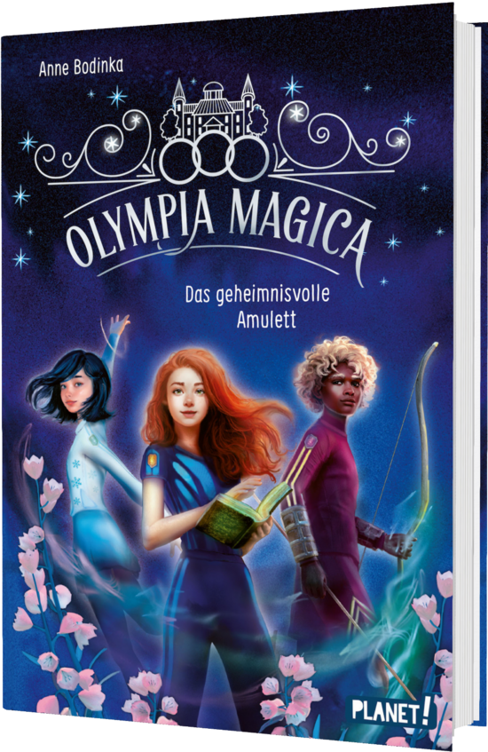 Das Buchcover zeigt drei junge Protagonistinnen vor einem mystischen Hintergrund in Blau und Lila. Die erste trägt einen Bogen, die zweite hält ein Buch und die dritte hat ansteckende, lockige Haare. Um sie herum blühen zarte, pinke Blumen.