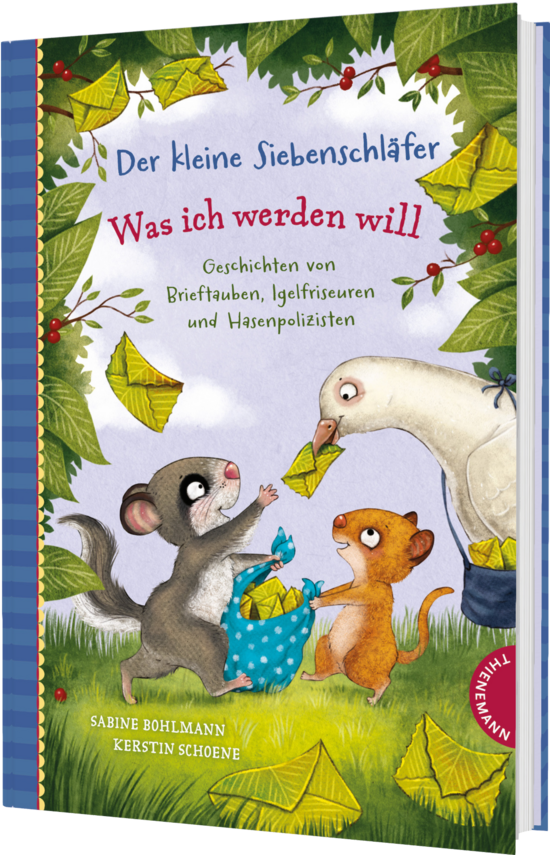 Das Buchcover zeigt den kleinen Siebenschläfer, eine Maus und eine Ente, die bunte Papierflieger basteln. Der Hintergrund ist hellblau mit grünen und rosa Elementen.
