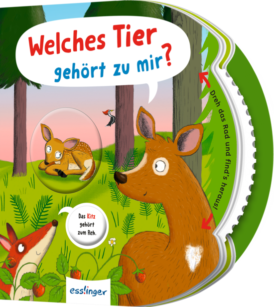 Das Buchcover zeigt einen braunen Rehbock mit großen Ohren, während ein Kitz in einer Glaskugel neben ihm sitzt. Der Hintergrund ist grün mit Bäumen und einem rosa Himmel.