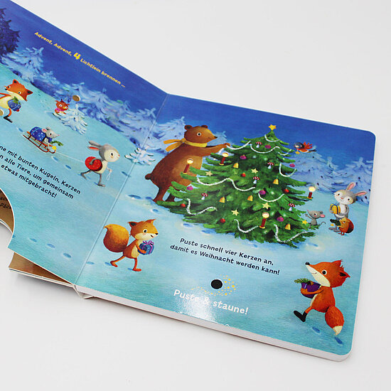 Das Buchcover zeigt … eine winterliche Szene mit grünem Weihnachtsbaum auf blauem Grund und Tieren wie Bär, Fuchs, Kaninchen und Mäusen.