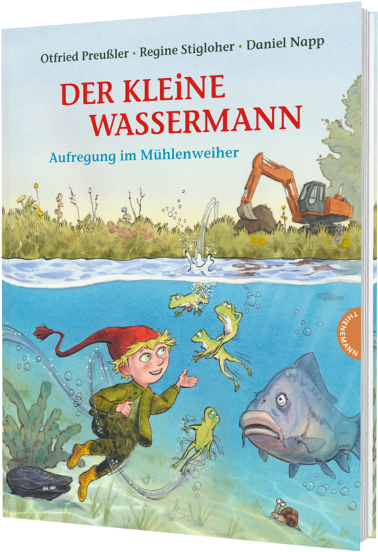 Das Buchcover zeigt einen kleinen Wassermann mit rotem Hut und blauen Hosen, der in einem Teich mit Fischen und Fröschen schwimmt. Im Hintergrund ist ein Bagger zu sehen, der am Ufer arbeitet, umgeben von grünem Gras und Pflanzen.