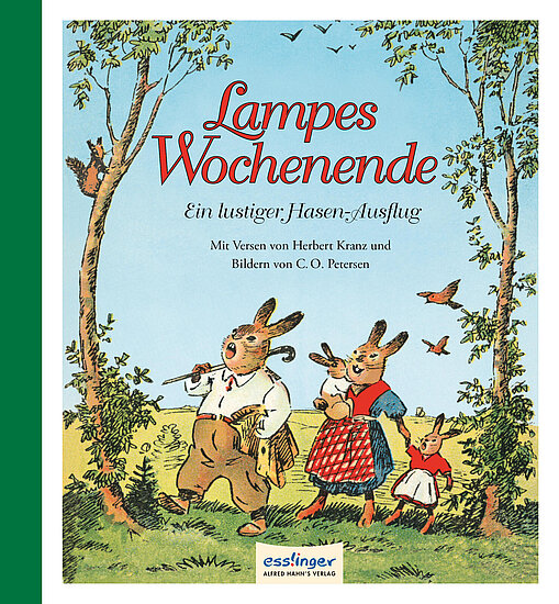 Das Buchcover zeigt eine fröhliche Hasenfamilie, bestehend aus einem Hasenmann und zwei Hasenkindern, die in einem bunten Wald spazieren. Der Himmel ist blau, mit einigen fliegenden Vögeln und grünen Bäumen im Hintergrund.