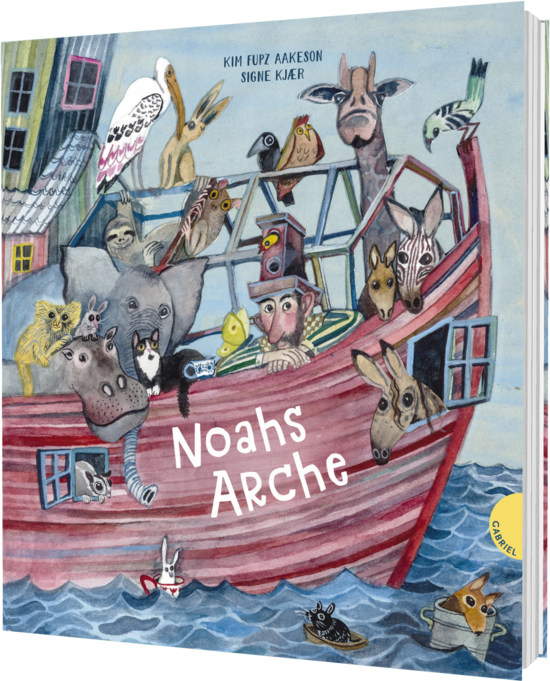 Das Buchcover zeigt … Noah in einem roten Holzschiff mit vielen Tieren wie Elefant Nilpferd Giraffe Zebra Vögeln und Hasen auf blauem Meer.