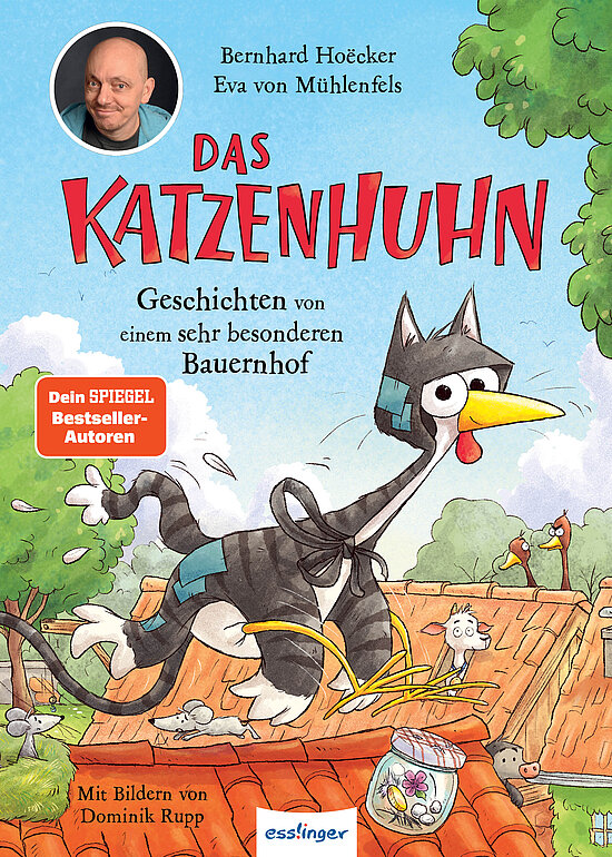 Das Buchcover zeigt ein Huhn, das als Katze verkleidet ist. Es steht auf einem Bauernhofdach vor einem blauen Himmel und grünen Bäumen.