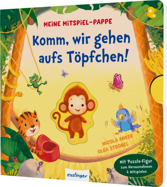 Das Buchcover zeigt einen fröhlichen kleinen Affen in einem bunten Dschungel. Um ihn herum sind ein Tiger, ein Vogel, ein Frosch und eine Schmetterling in lebhaften Farben abgebildet.