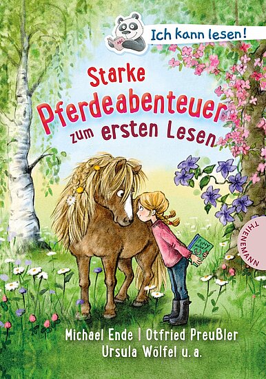 Das Buchcover zeigt ein Mädchen mit braunen Haaren, das vor einem braunen Pony steht. Um sie herum sind bunte Blumen und eine grüne Waldlandschaft zu sehen.
