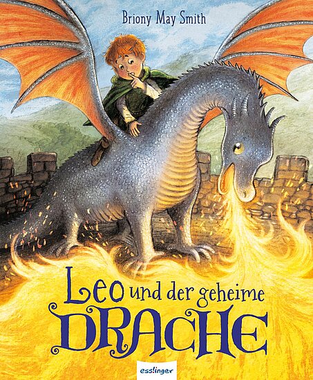 Das Buchcover zeigt einen Jungen mit rotem Haar und einem grünen Umhang, der erstaunt auf einen großen, aus einem Drachen schießenden Feuerstrahl blickt. Der Drache hat orangefarbene Flügel und steht vor einer Burg.