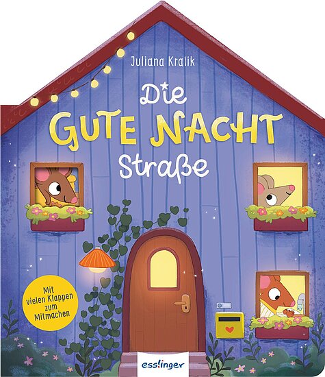 Das Buchcover zeigt ein buntes Haus mit einem roten Dach und lila Wänden. Zwei Fenster zeigen verschiedene Tiere, die neugierig nach draußen schauen.