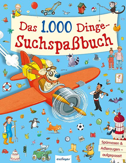 Das Buchcover zeigt … einen roten Flieger mit Hund als Pilot vor hellblauem Himmel, umgeben von Kindern, Tieren und Spielsachen.