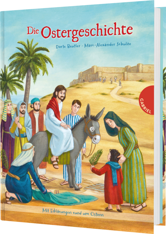 Das Buchcover zeigt eine bunte Szene mit mehreren Figuren, darunter ein Junge auf einem Esel, der von Menschen umringt ist, vor einer Wüstenlandschaft. Die Farben sind lebhaft, mit viel Grün und Erdtönen, die die Atmosphäre der Erzählung betonen.