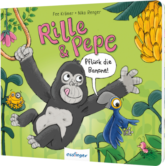 Das Buchcover zeigt einen fröhlichen Gorilla namens Rille, der an einer Liane schwingt, und den bunten Vogel Pepe, der ihn auffordert, die Bananen zu pflücken. Der Hintergrund ist in sanften Grüntönen gehalten, mit bunten Pflanzen und kleinen Tieren.